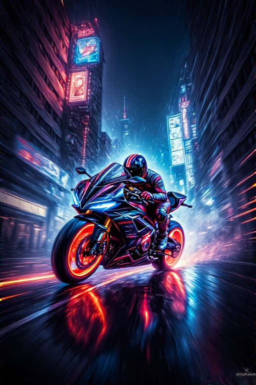 Neon Motorcycle Chase in Dark City Dynamic 4K 壁紙 — 一名騎手在發光的電單車上，夜晚在霓虹燈照亮、雨水浸濕的賽博朋克小巷中飛馳。