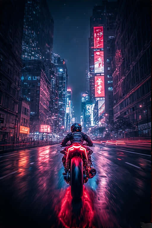電單車手在霓虹燈照亮的濕滑夜街上飛馳