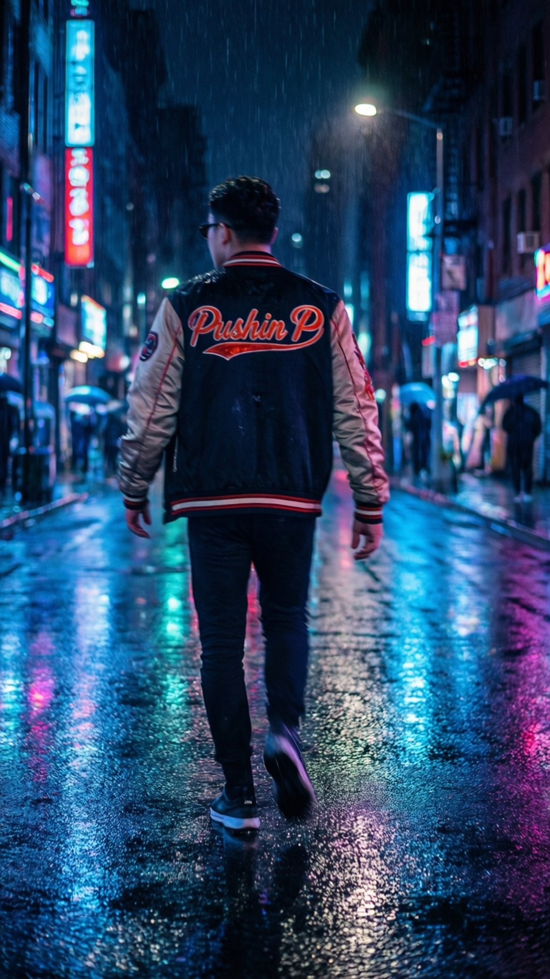 夜晚在霓虹燈照亮的城市街道上雨中走開的人