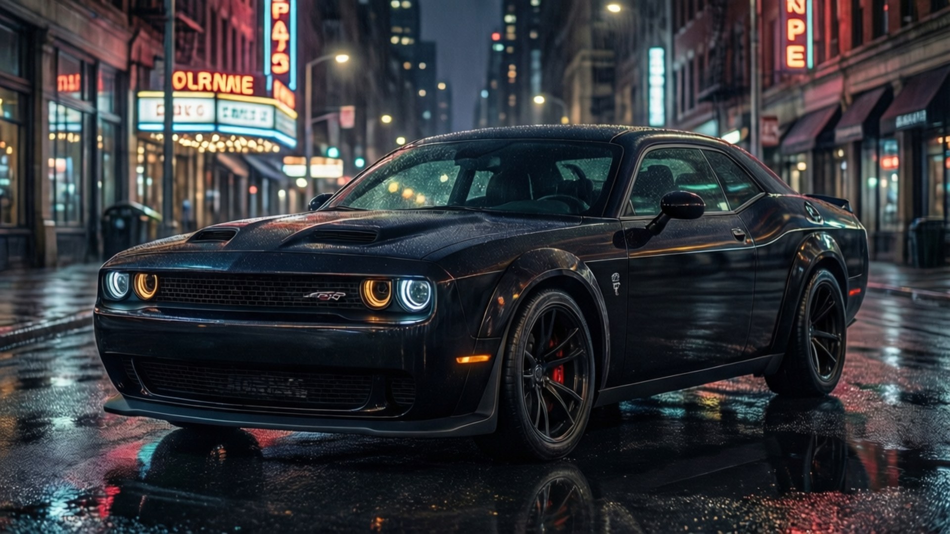 黑色Dodge Challenger SRT Hellcat在夜間濕漉漉的城市街道上，在霓虹燈下停泊