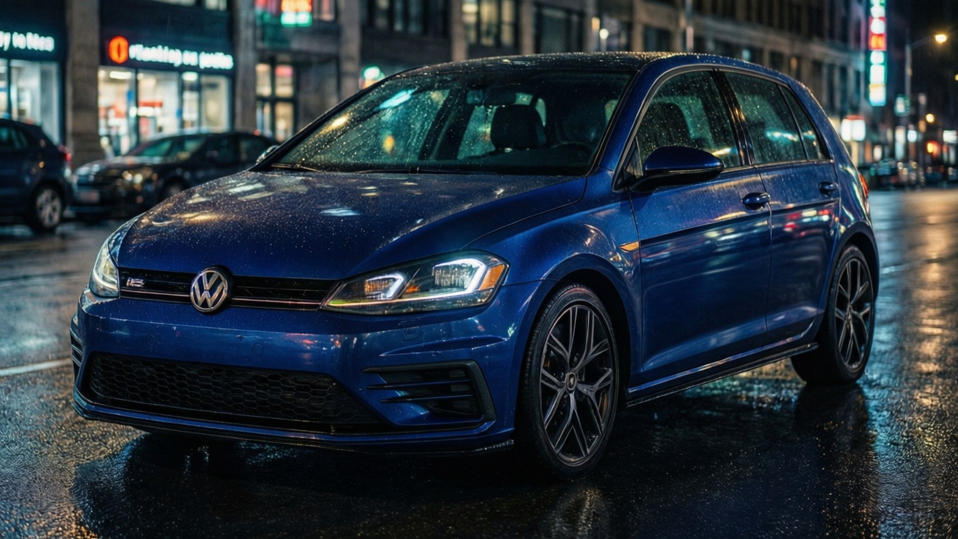 藍色福士 Golf R 停在濕漉漉的夜街上，帶有霓虹反射