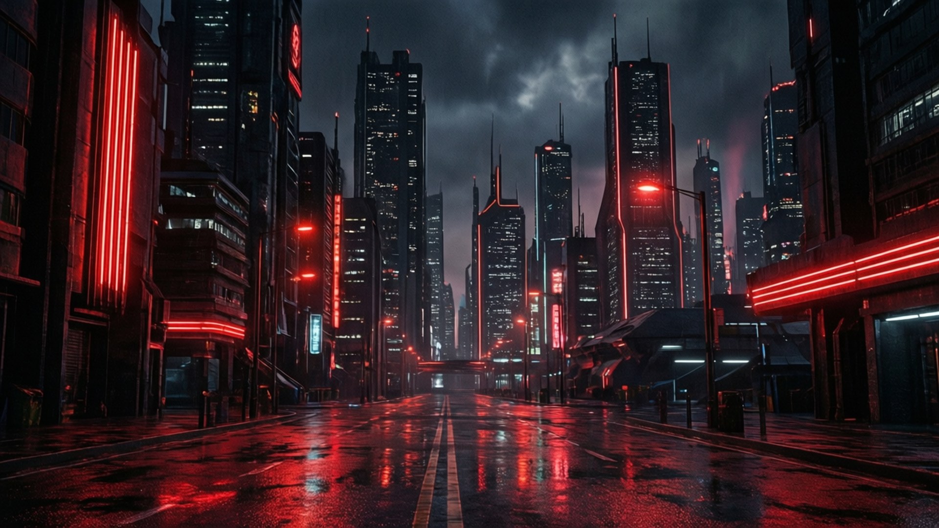 夜晚濕漉漉的未來城市街道，紅色霓虹燈反射在人行道上。