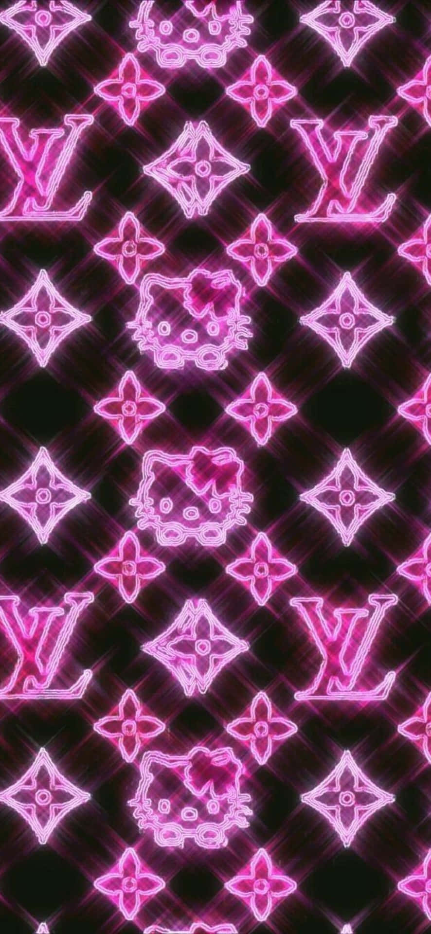  壁紙 — 霓虹粉紅色的Hello Kitty和Louis Vuitton標誌在深色背景上以重複圖案發光。