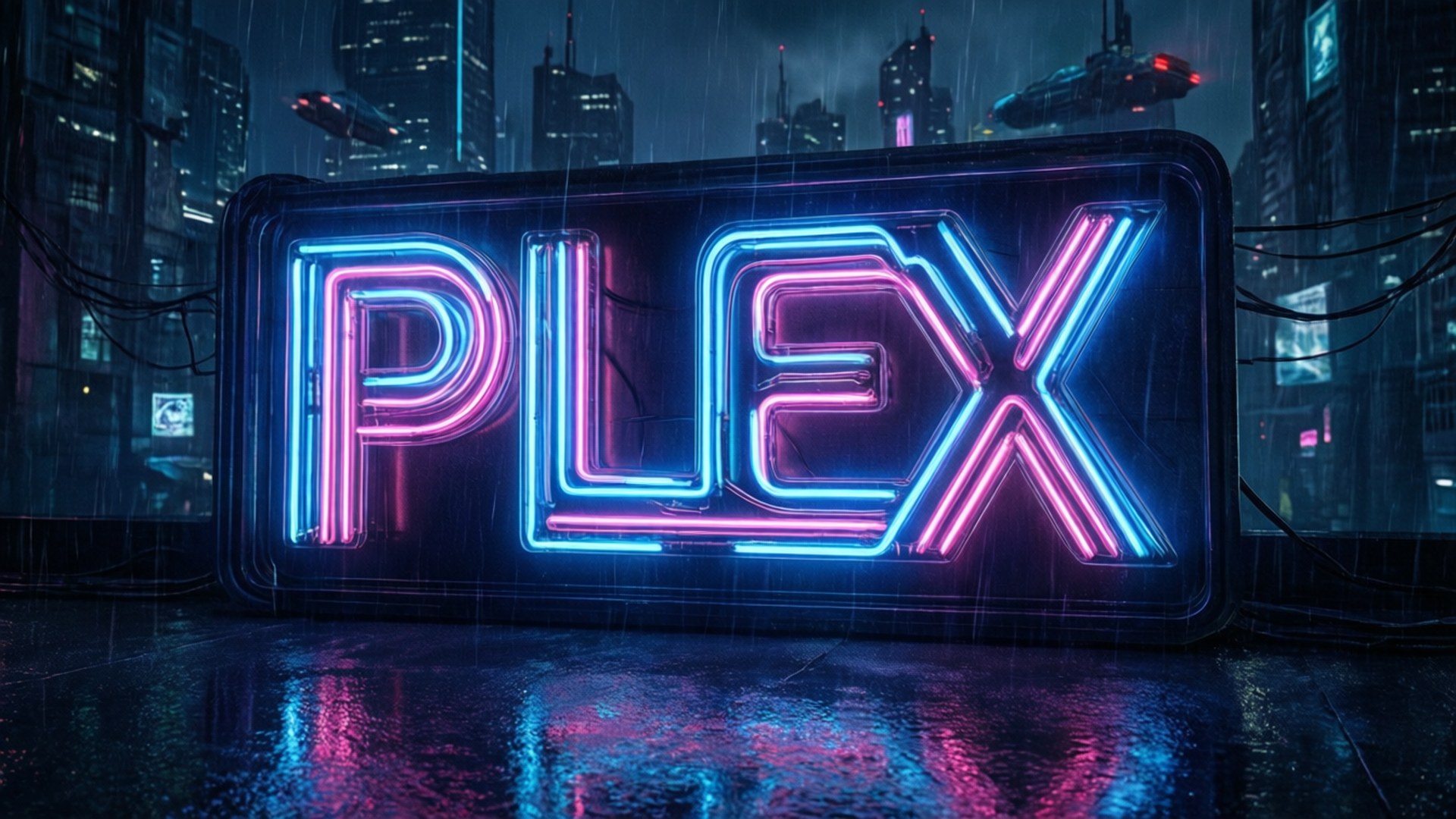 霓虹燈牌寫著PLEX，發出粉紅和藍光，在濕漉漉的街道上，雨中的未來城市，有飛行車輛