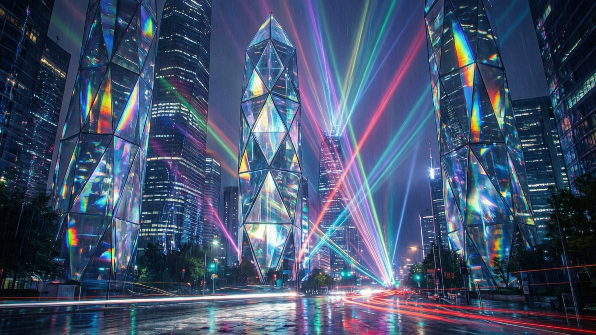 夜晚的未來城市景觀，彩色激光束在濕漉漉的街道上反射到玻璃塔上。