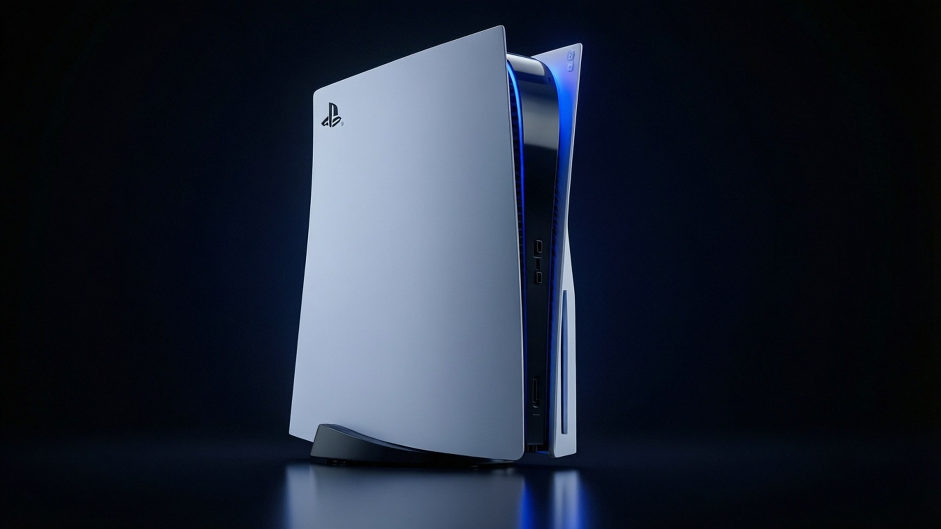 Neon PS5 Console 壁紙 — 一部時尚的白色PlayStation 5主機直立於反光表面上，背景為深藍色，側邊帶有發光的藍色點綴。