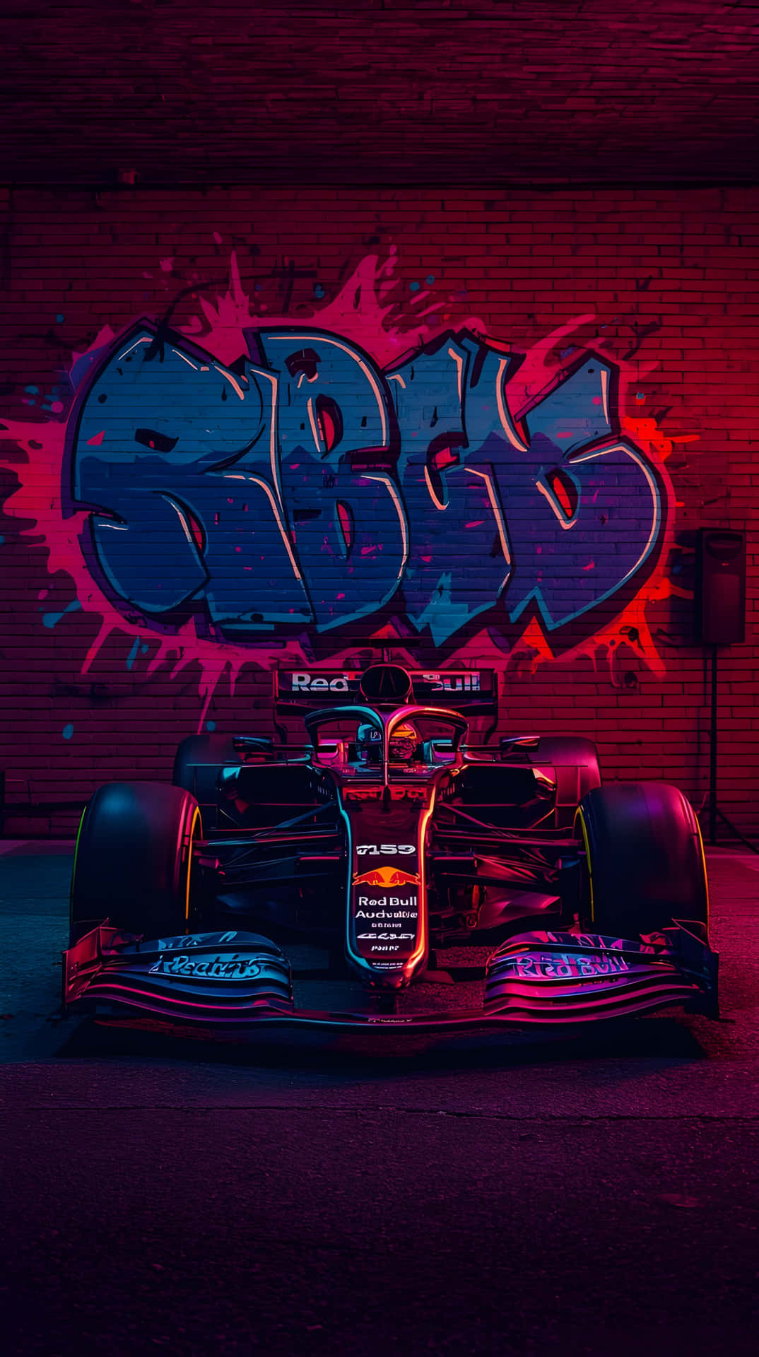 Neon Race Car Wallpaper 壁紙 — 一架紅牛車隊一級方程式賽車在霓虹燈下發光，背景是佈滿鮮豔藍色和粉紅色塗鴉的磚牆。