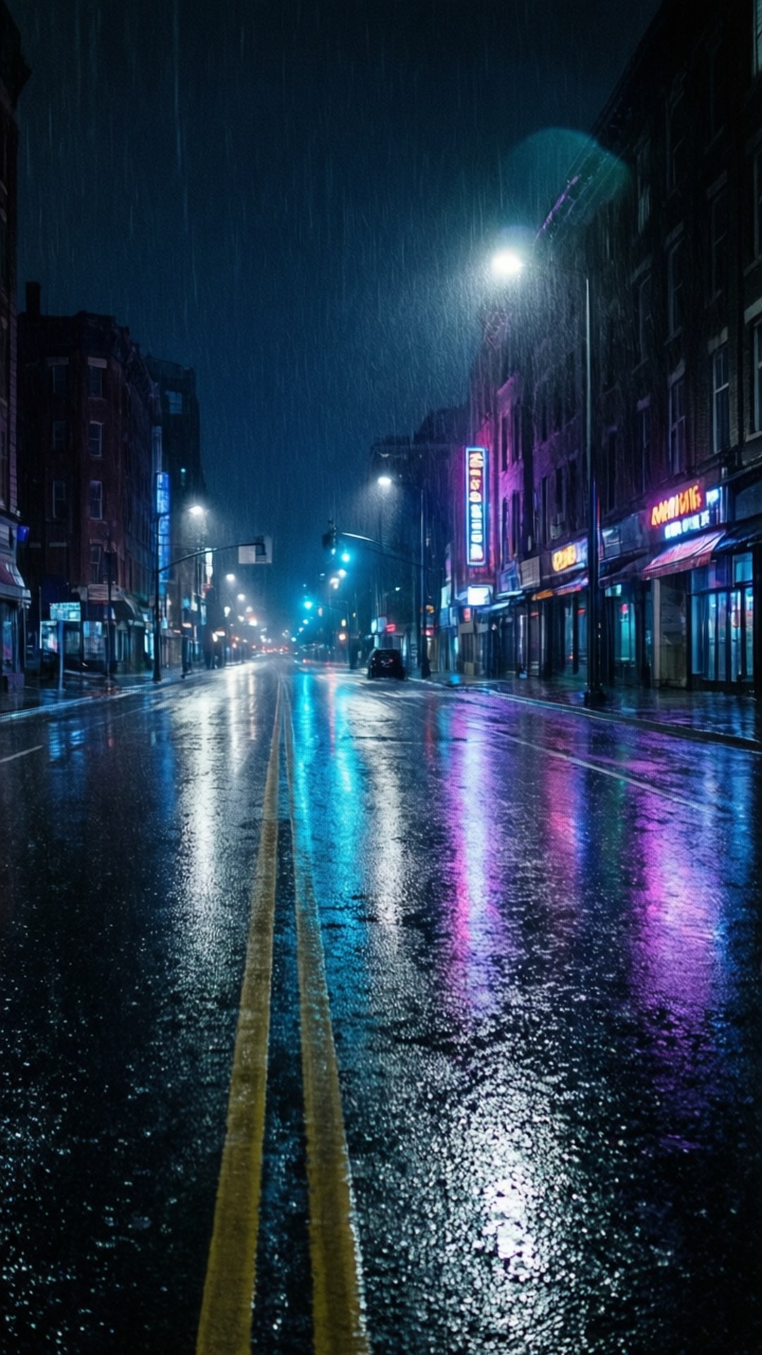 夜晚雨水落在城市街道上，霓虹燈在濕漉漉的路面上反射