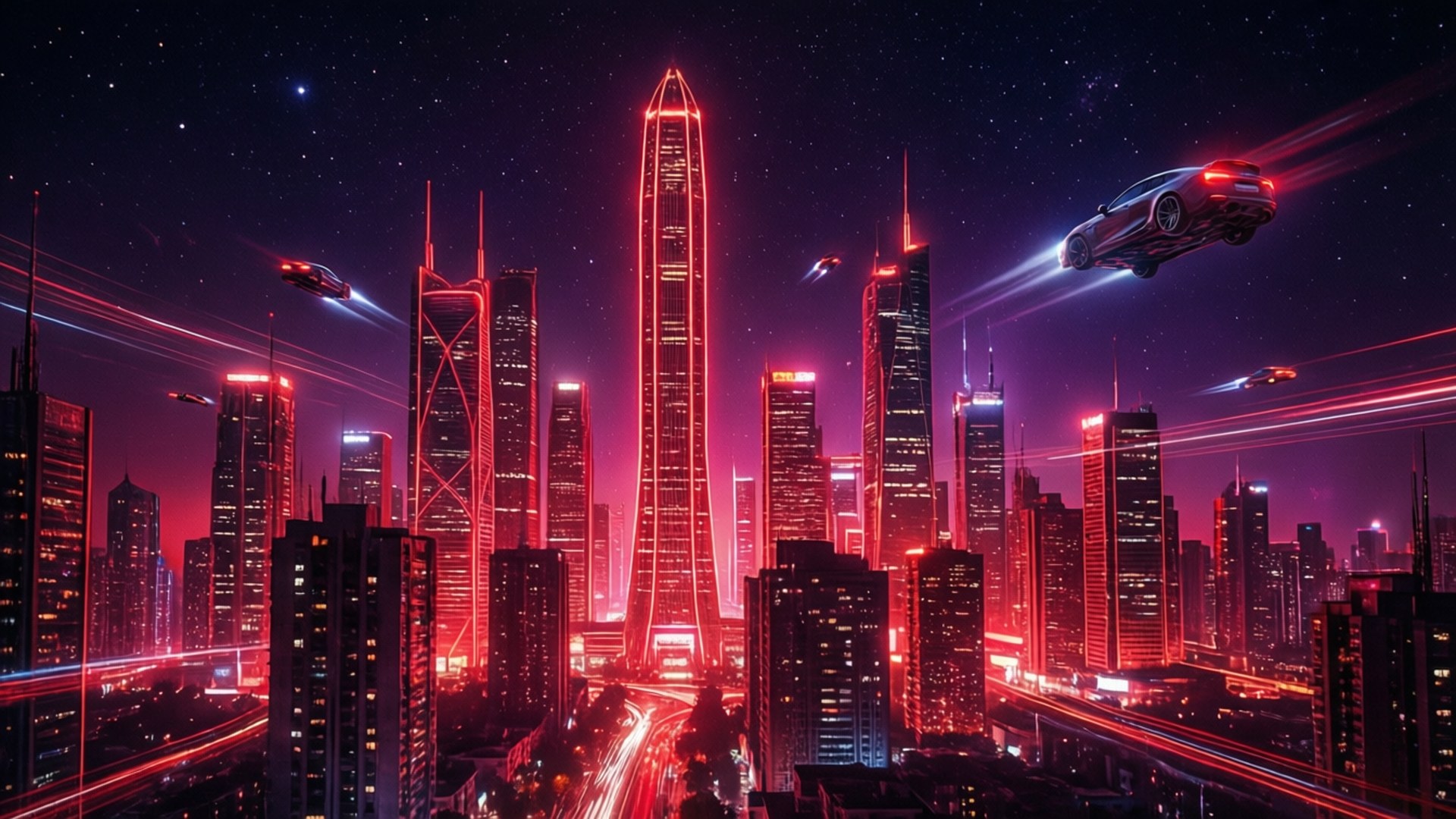 星空下，發光的紅色建築和飛行汽車的未來城市