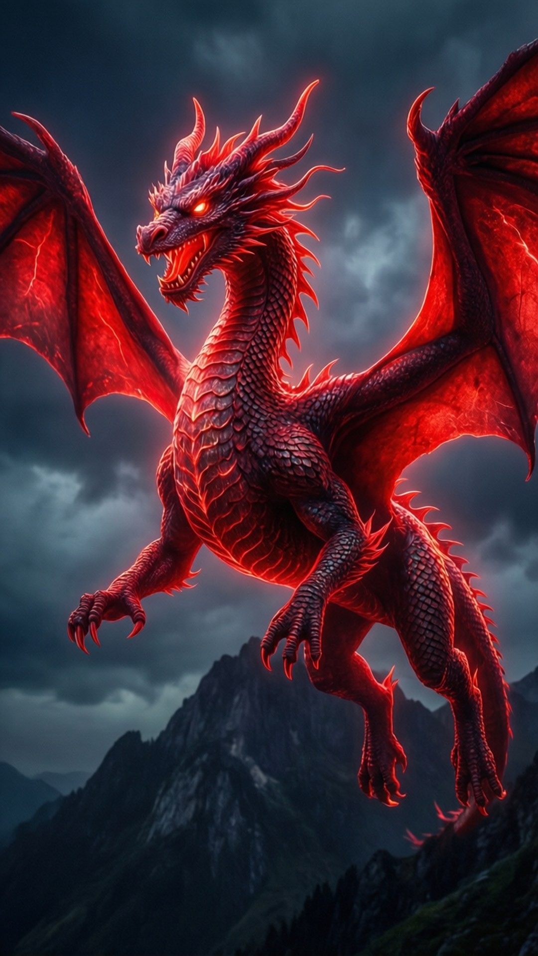 Neon Red Dragon Silhouette 壁紙 — 一隻發光的紅色龍，帶有尖刺鱗片和展開的翅膀，在暴風雨的天空下威脅性地翱翔於崎嶇的山脈之上。