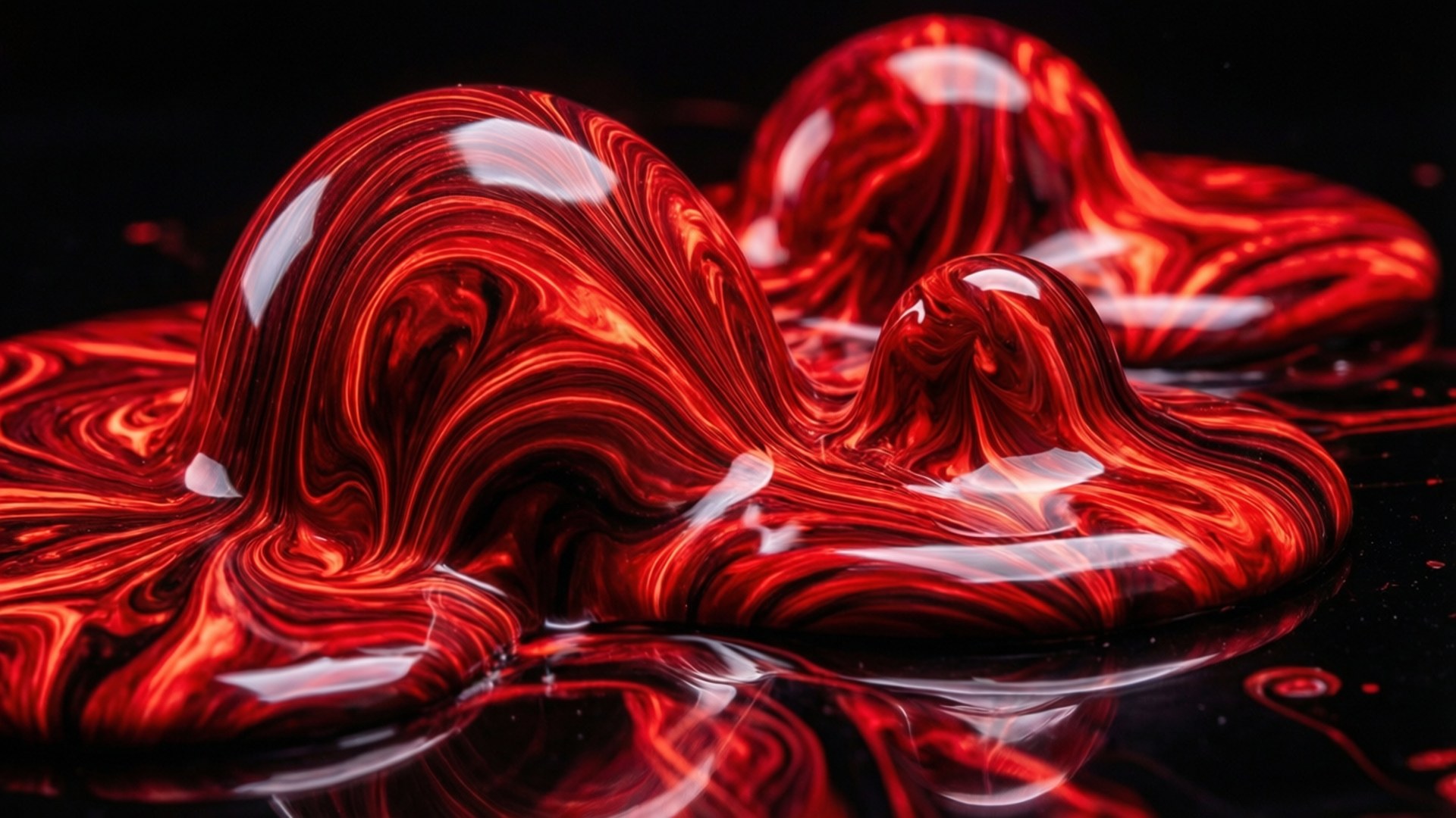 Neon Red Fluid Abstraction 壁紙 — 鮮豔旋轉的紅色液體在黑色反光表面上形成有光澤的有機峰。