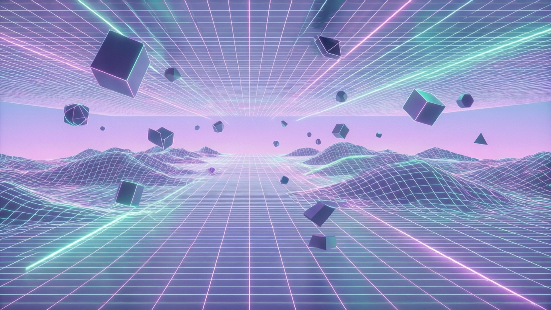 Infinite Neon Grid 壁紙 — 一個充滿霓虹燈的復古未來主義景觀，在粉彩天空下，發光的網格地形上漂浮著幾何形狀。