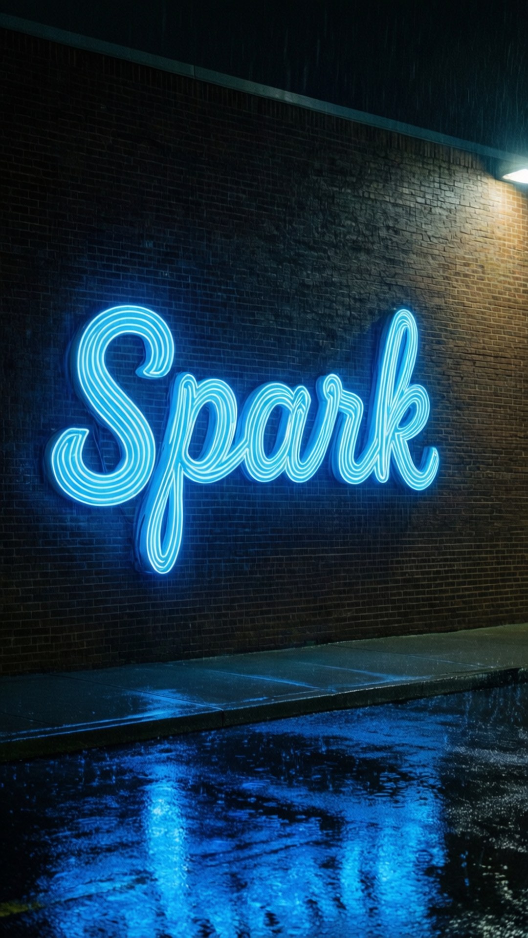 藍色霓虹燈牌寫著 Spark 在磚牆上，人行道上有雨水倒影