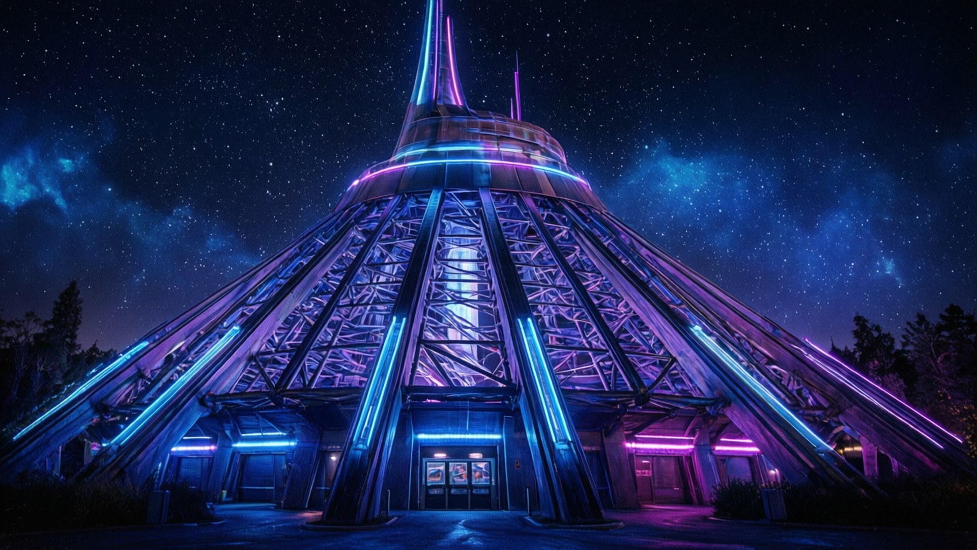 Futuristic glowing pyramid building under starry night sky with cosmic clouds. 壁紙