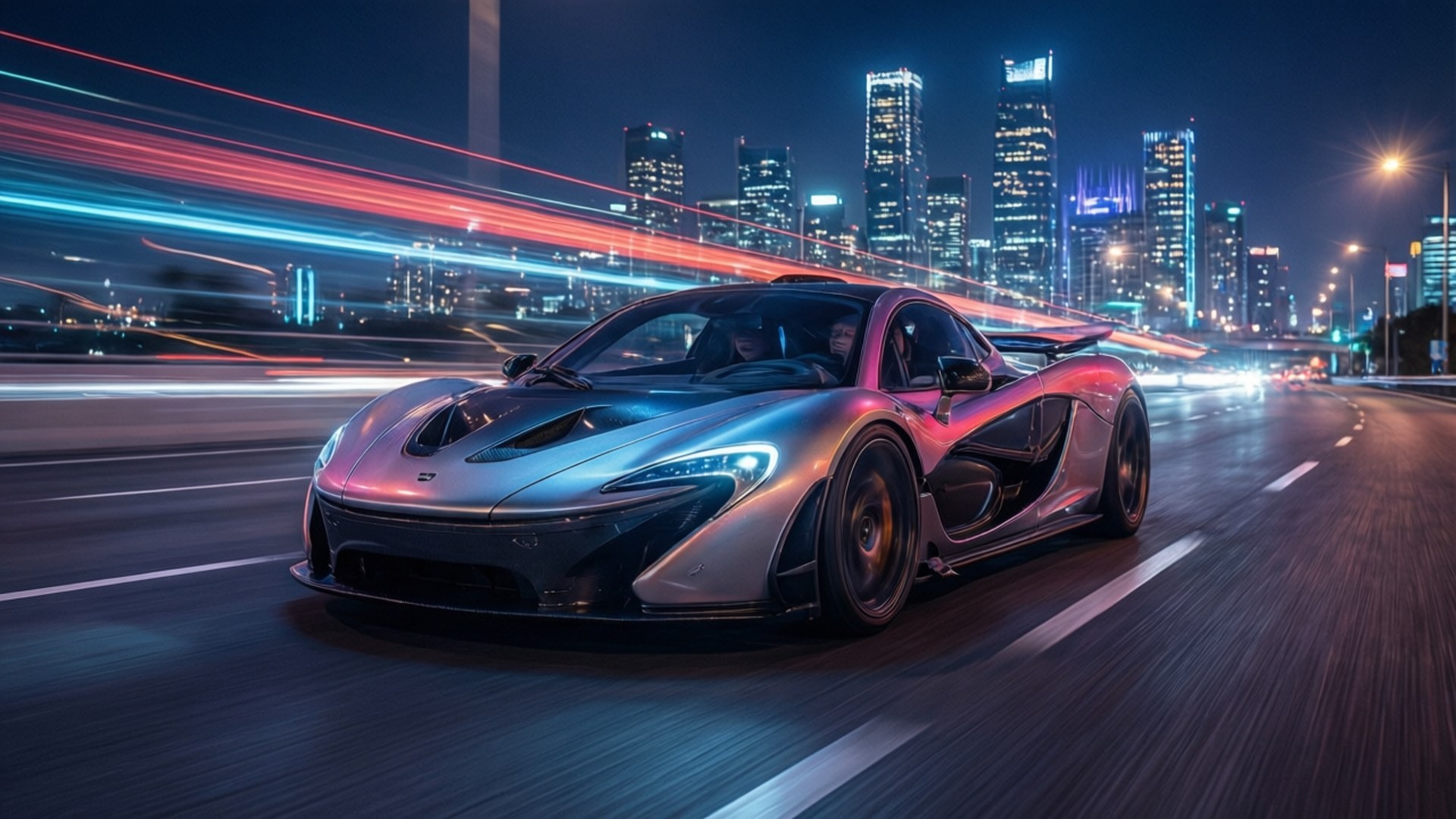 銀色McLaren在夜晚穿過霓虹燈城市留下光跡