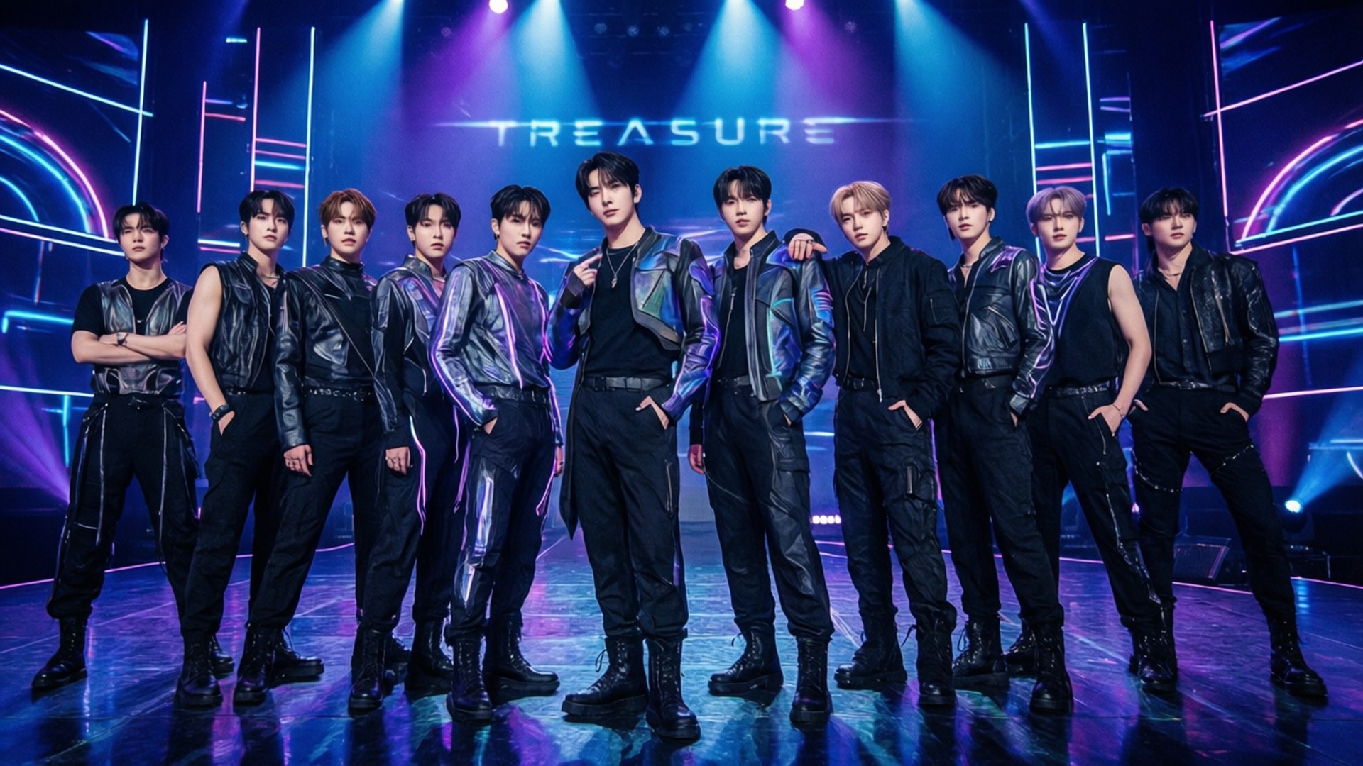 K-pop 組合 TREASURE 穿著黑色皮革服裝在霓虹燈照亮的舞台上。