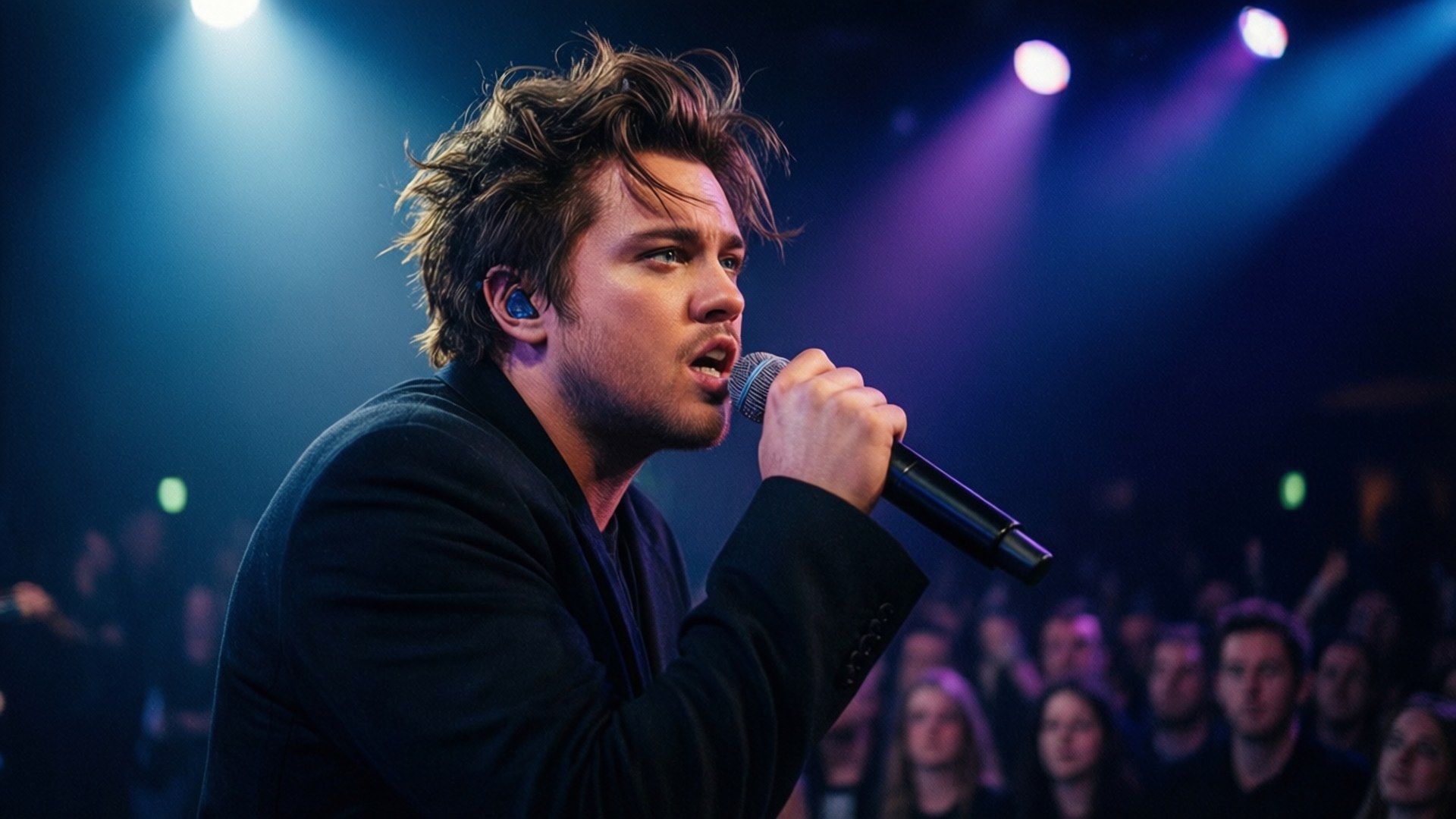 男歌手在舞台上現場表演，身後有藍色和紫色燈光及觀眾