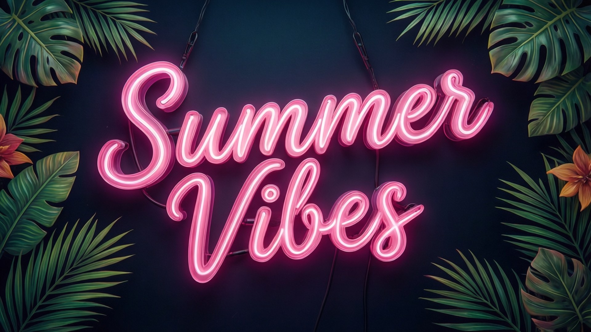 粉紅色霓虹燈牌寫著 Summer Vibes，以熱帶葉子和橙色花朵框住。