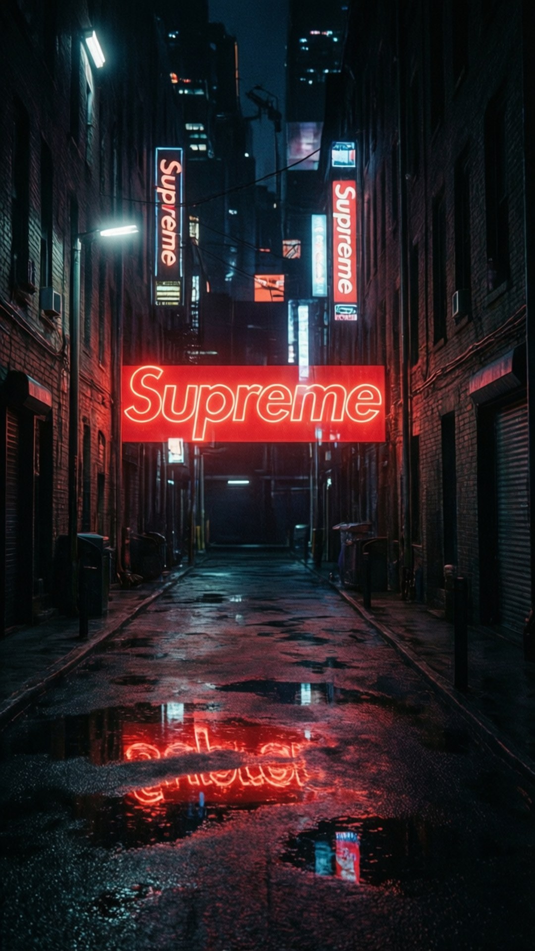 紅色Supreme霓虹燈招牌在潮濕的小巷上方發光，夜晚倒映在水坑中。