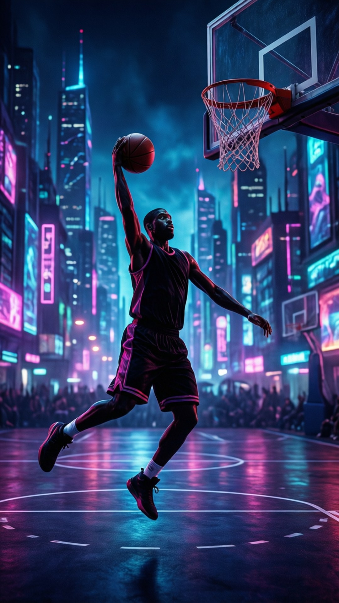 一名籃球運動員在半空中於發光的霓虹城市入樽。
