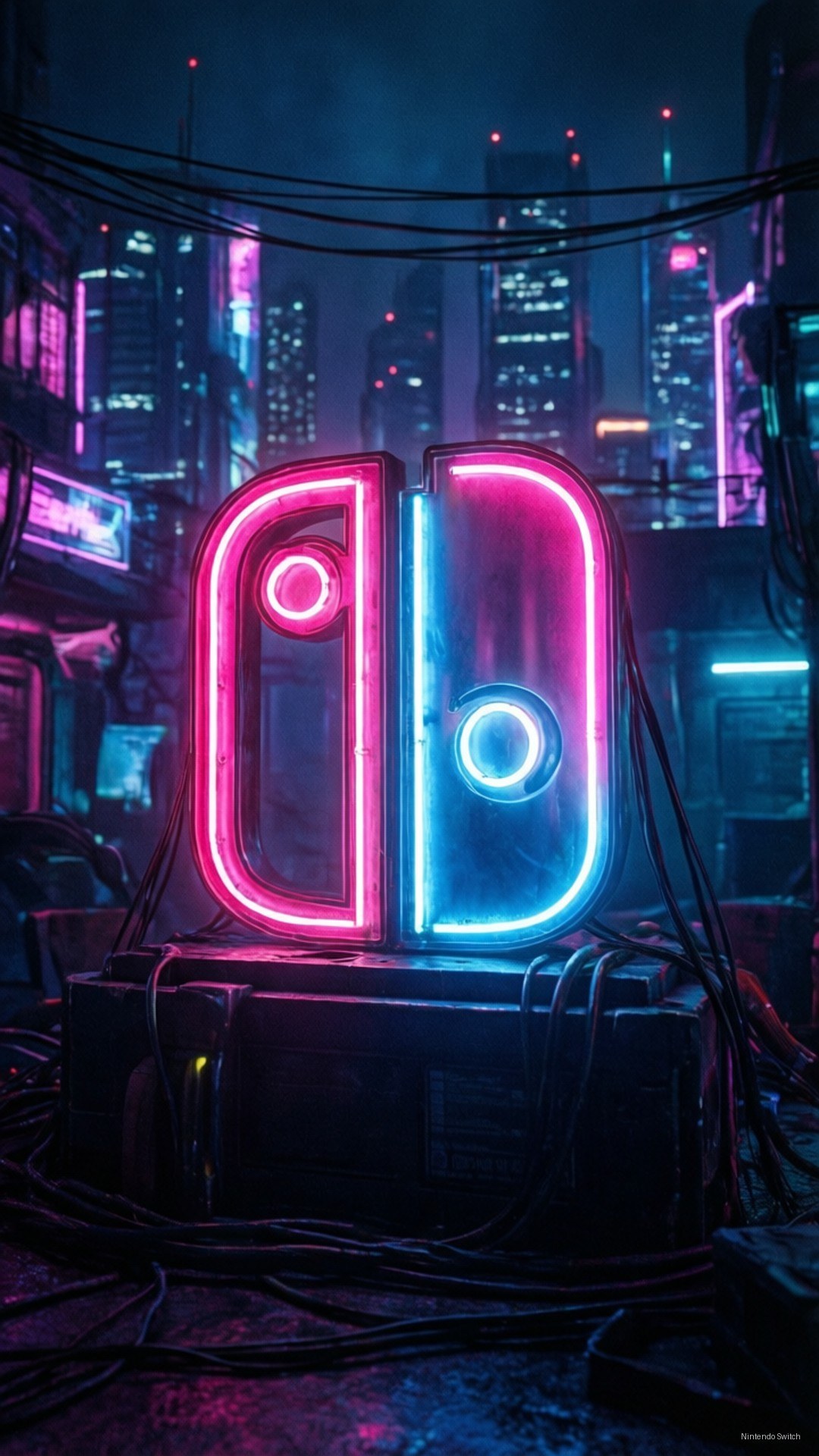 霓虹Nintendo Switch標誌在未來城市夜晚發出粉紅和藍光