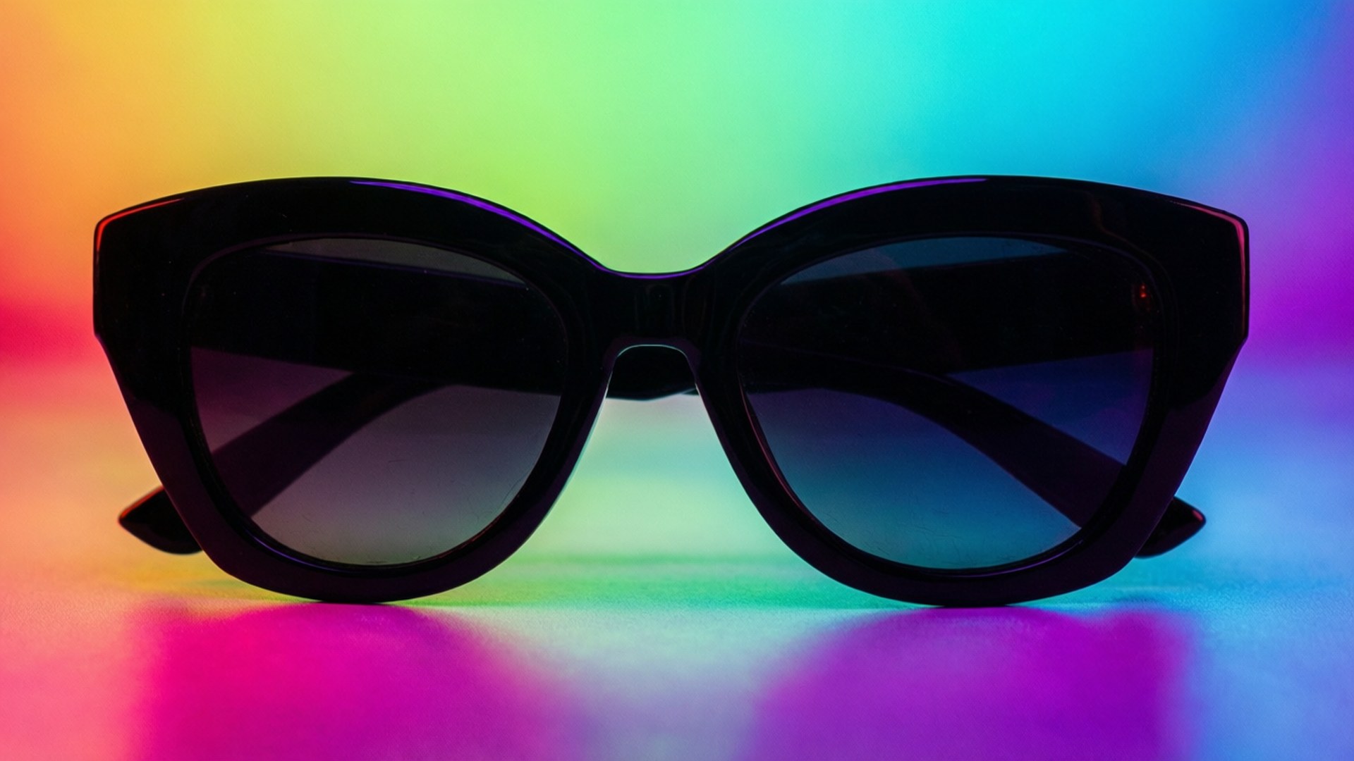 Neon Thug Life Shades 壁紙 — 黑色貓眼太陽眼鏡放置在充滿活力的彩虹漸變表面上，帶有鮮明的反射。