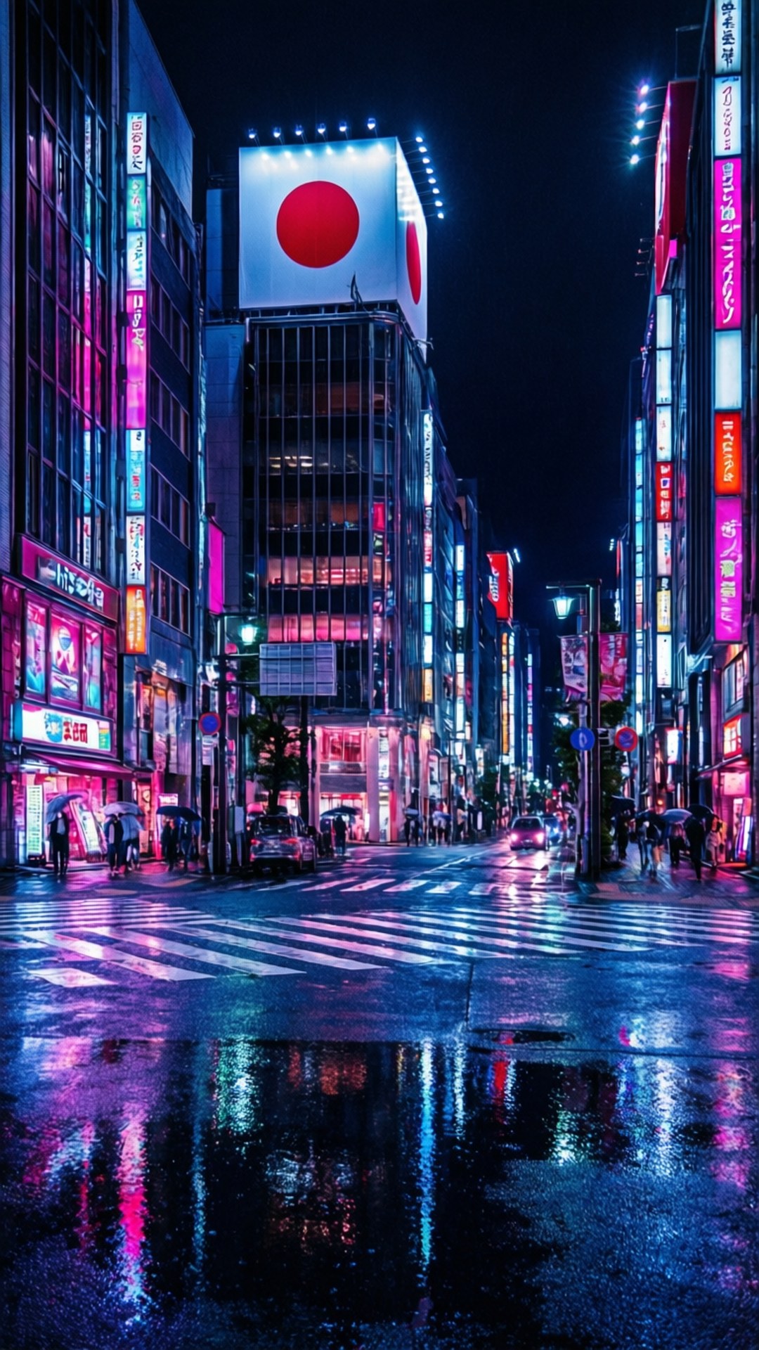 下雨的東京夜晚街道，霓虹燈在濕漉漉的瀝青上反射，上方有大型日本國旗。