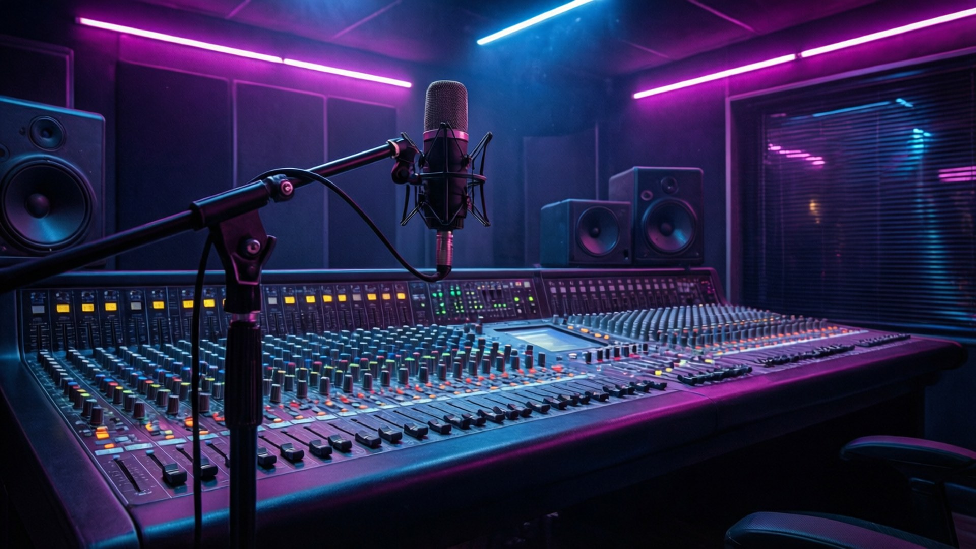 Neon Trap Studio 壁紙 — 一個專業錄音室，沐浴在充滿活力的紫色和藍色霓虹燈光中，中央設有麥克風和混音台。