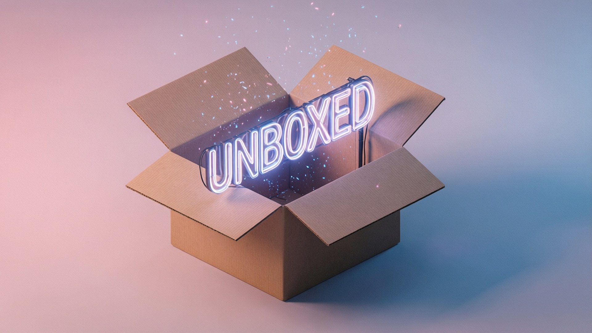 一個紙箱打開，露出一個發光的霓虹燈牌，上面寫著 unboxed，並伴有閃爍的粒子。