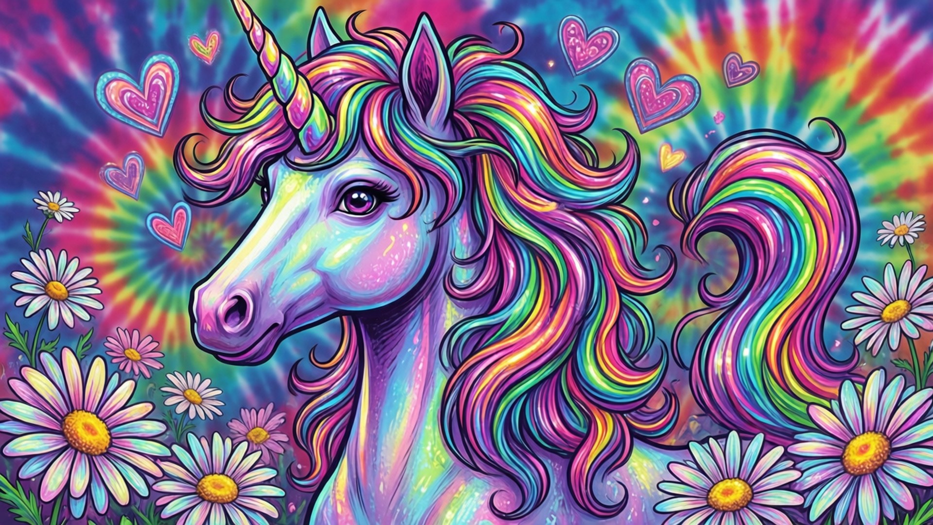一隻彩虹鬃毛獨角獸被雛菊和漂浮的心形包圍，背景是紮染圖案。