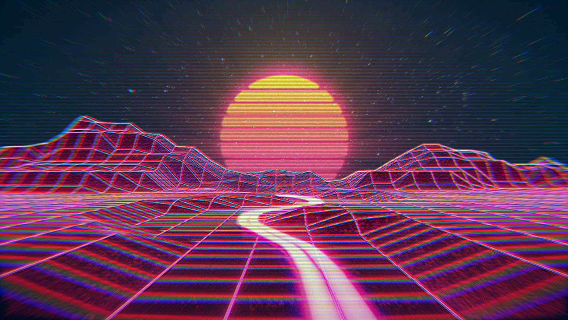 復古遊戲Outrun 壁紙 — 一個帶有發光粉紅色山脈和充滿活力的日落，在星空下帶有數位故障效果的霓虹網格景觀。