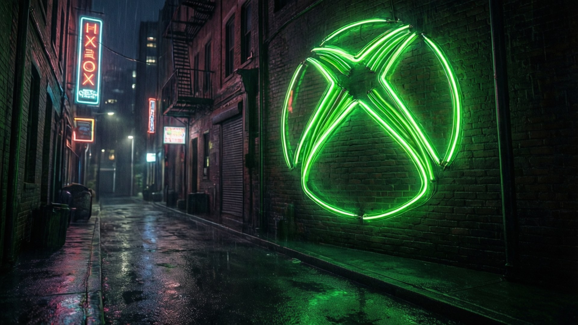 夜間雨中的城市小巷磚牆上一個明亮的綠色Xbox標誌霓虹燈牌。