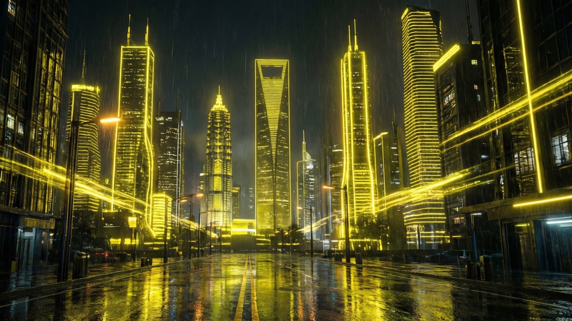 雨夜城市景觀，高聳的玻璃建築之間，潮濕的人行道上反射著發光的黃色霓虹燈。