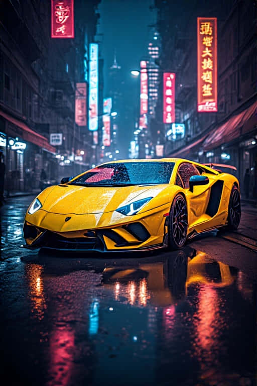 黃色跑車停在濕漉漉的城市街道上，夜晚在發光的霓虹招牌下