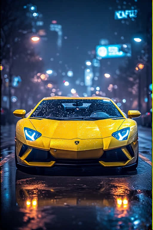 夜間濕滑城市街道上，黃色林寶堅尼 Aventador 閃爍著燈光和倒影