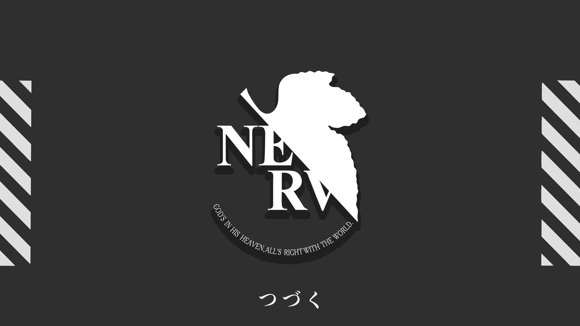 NERV 標誌《新世紀福音戰士》4K 壁紙 — 一個鮮明的黑白NERV標誌，帶有風格化的天使剪影，在黑暗背景上持劍。