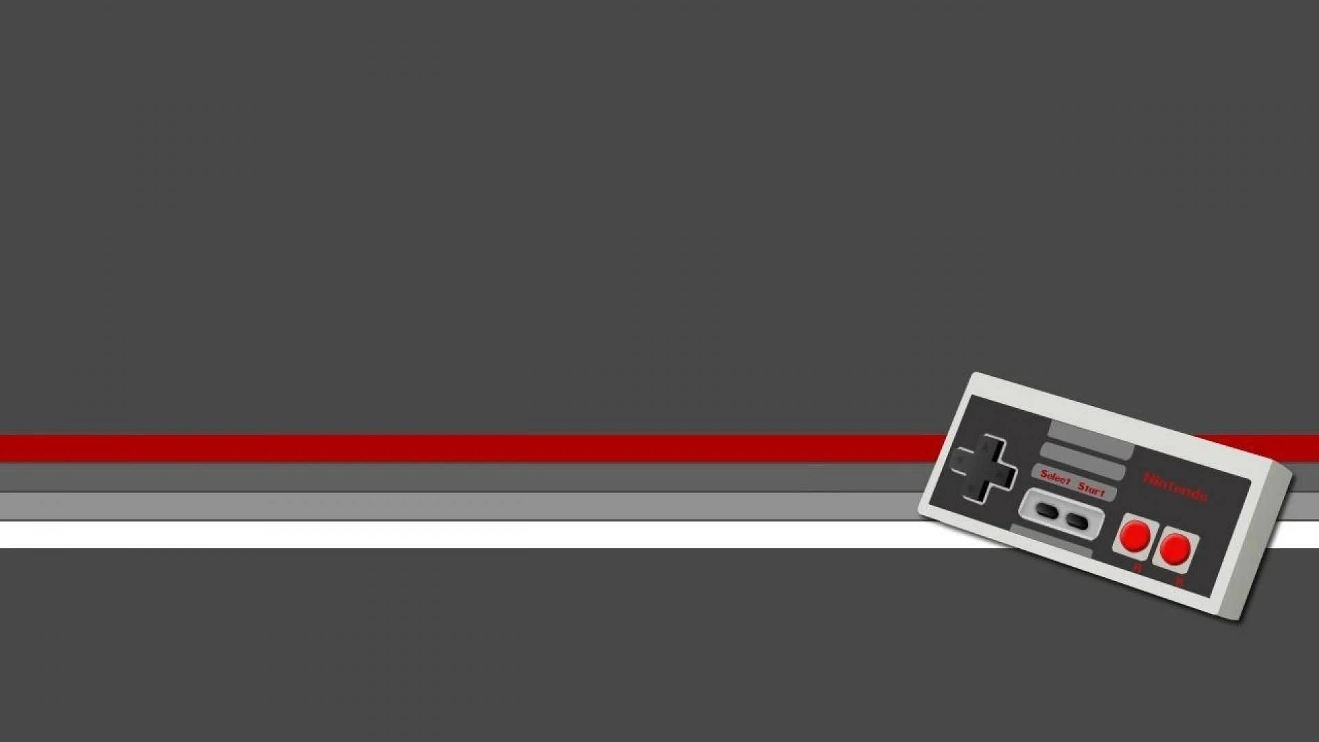 NES 控制器灰色背景線條 壁紙 — 一個經典的任天堂娛樂系統控制器放置在簡約的灰色背景上，帶有醒目的紅、白、灰條紋。