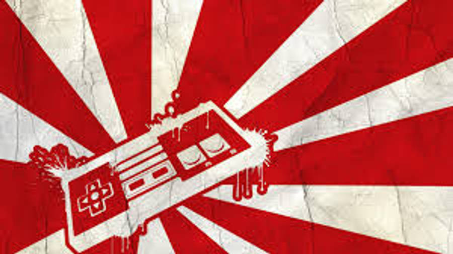 NES 遊戲主機 壁紙 — 一個復古遊戲控制器在帶有裂紋紋理的紅色和白色太陽爆發背景上噴灑顏料。