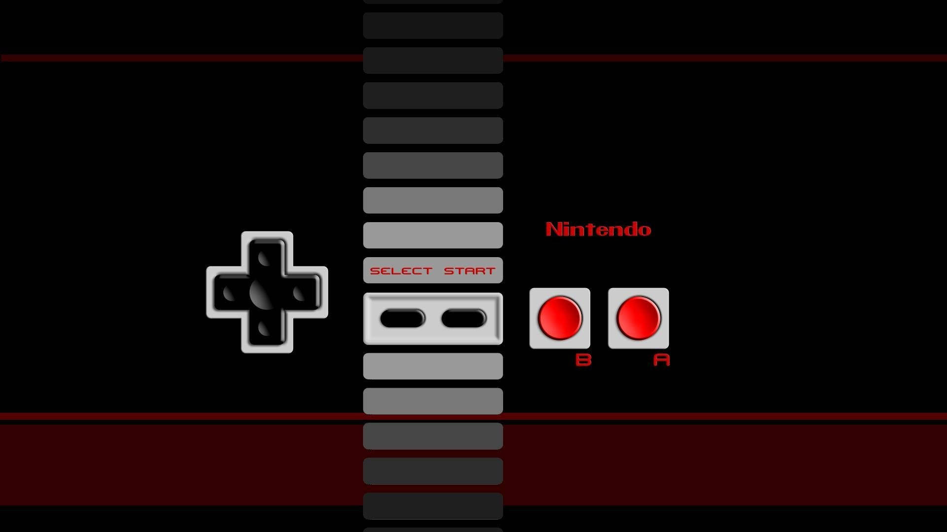 NES 黑紅色控制器 壁紙 — 經典任天堂娛樂系統控制器，帶有紅色按鈕和灰色方向鍵，背景為黑色。
