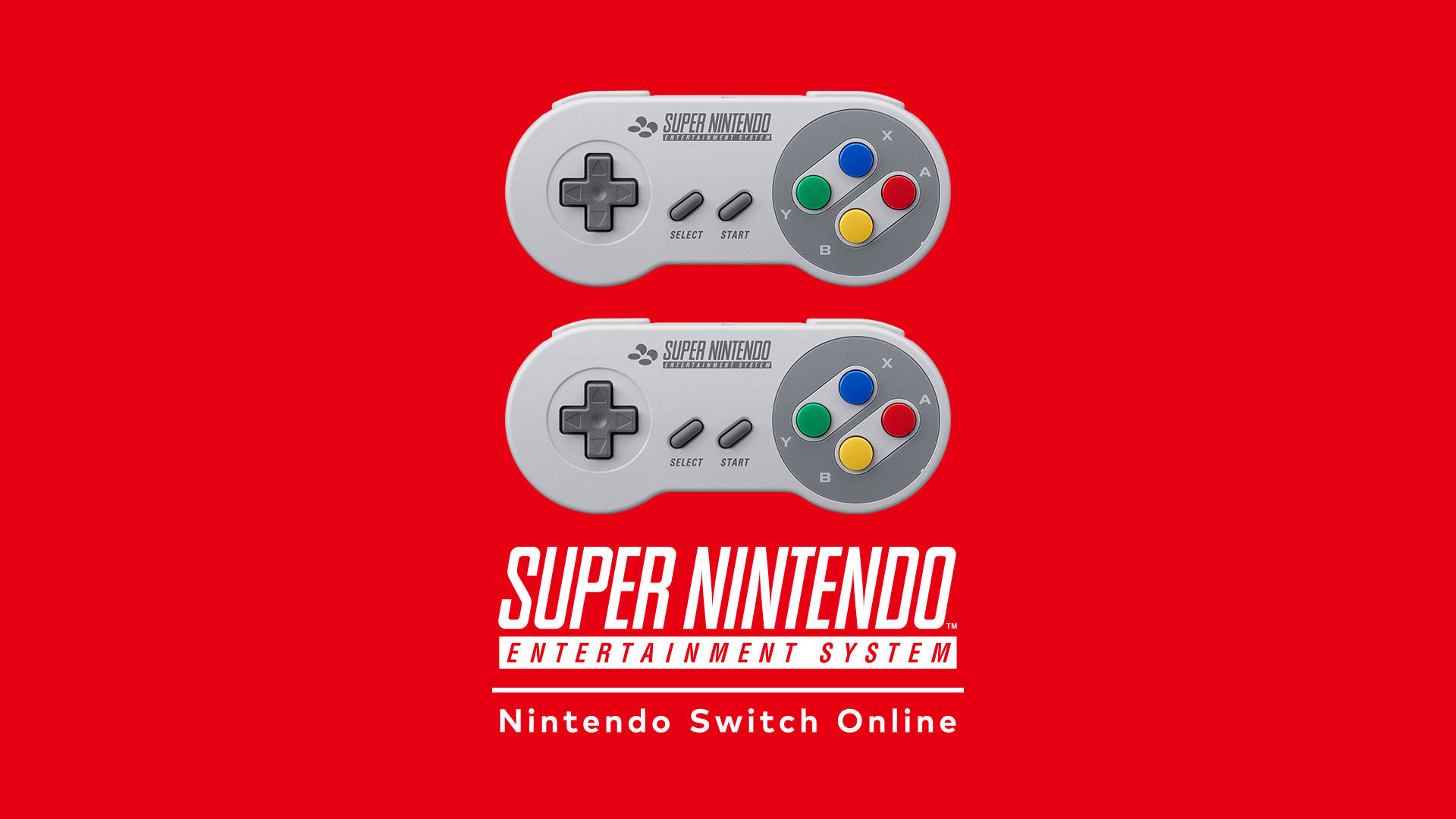 NES控制器紅色海報 壁紙 — 兩個灰色 Super Nintendo 控制器漂浮在鮮紅色背景上，下方有白色品牌文字。