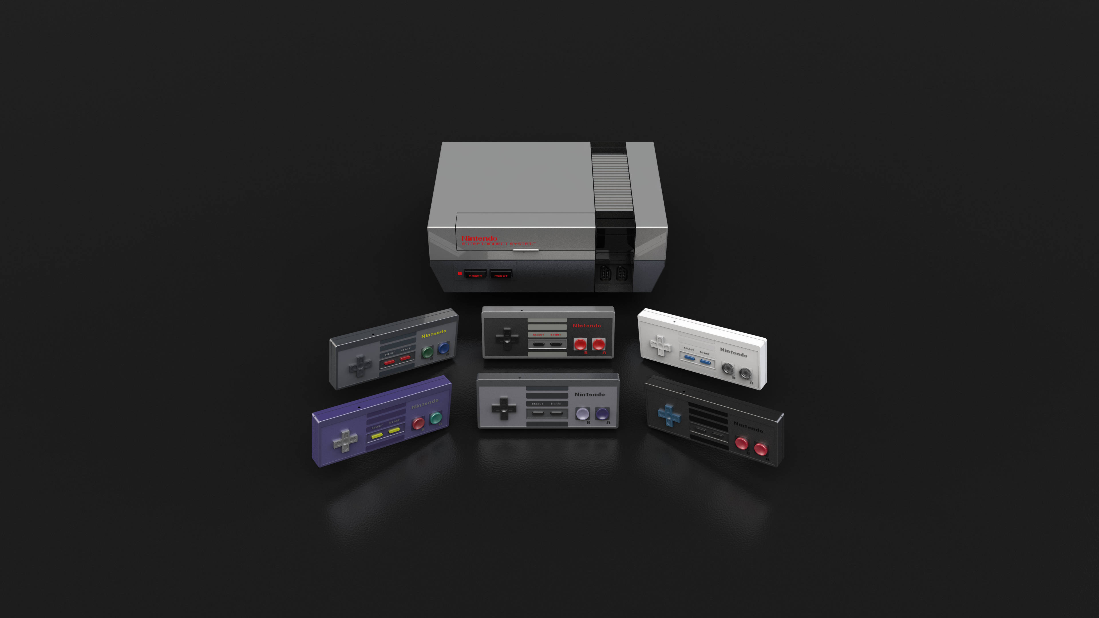 NES搭配多款控制器 壁紙 — 一部灰色嘅Nintendo Entertainment System主機，被六個色彩繽紛嘅控制器包圍，放喺黑色反光表面上。