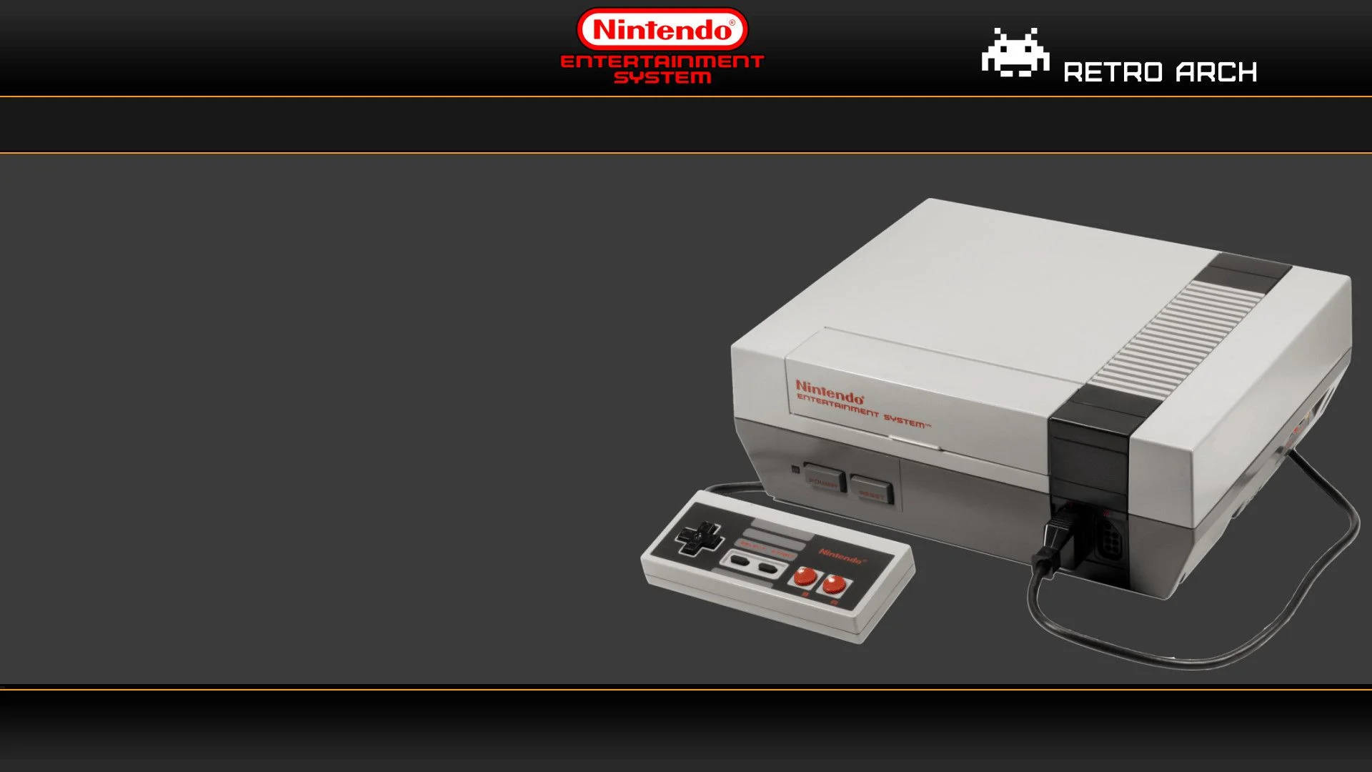 NES遊戲機套裝配復古拱門標誌 壁紙 — 一部純白色的 Nintendo Entertainment System 主機連控制器，置於深灰色背景中央。