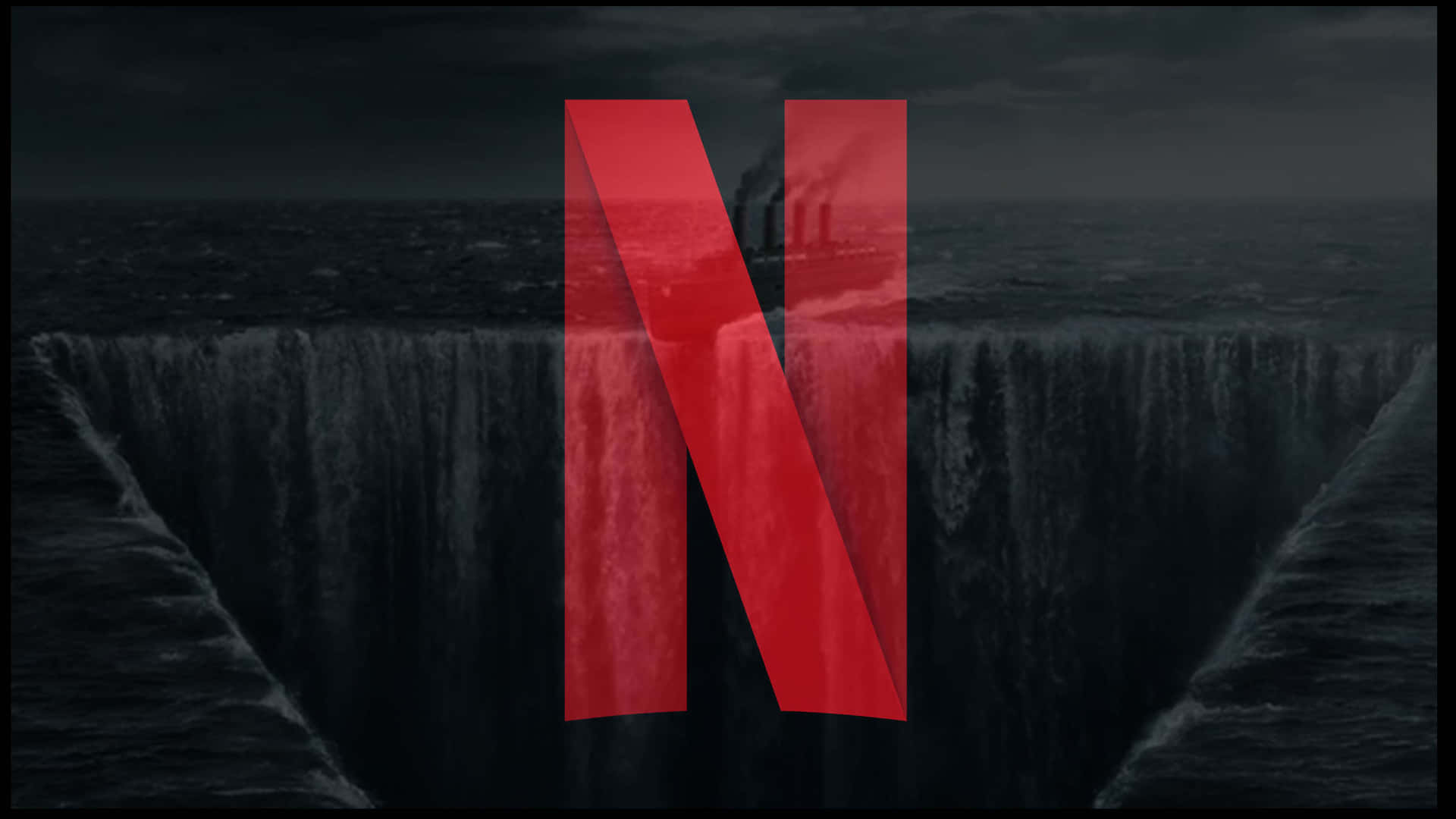 紅色 Netflix 標誌疊加在暴風雨天空下的黑暗瀑布上。