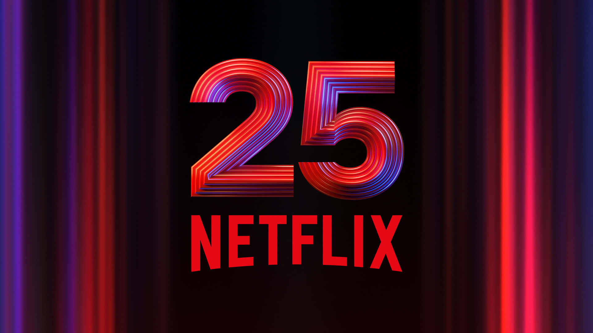 Netflix 25 週年紀念標誌，帶有發光霓虹數字和彩色垂直條紋。