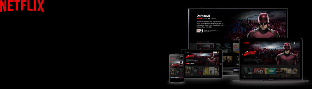Netflix《夜魔俠》多裝置顯示 壁紙 — Netflix 標誌和 Daredevil 節目在多個裝置上顯示，背景為黑色。