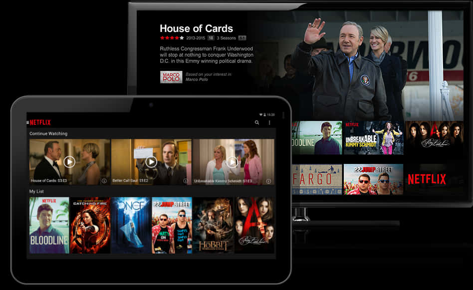 Netflix多裝置串流體驗 壁紙 — Netflix 串流介面顯示於平板電腦和電視上，展示《紙牌屋》及其他節目，並附有角色縮圖。