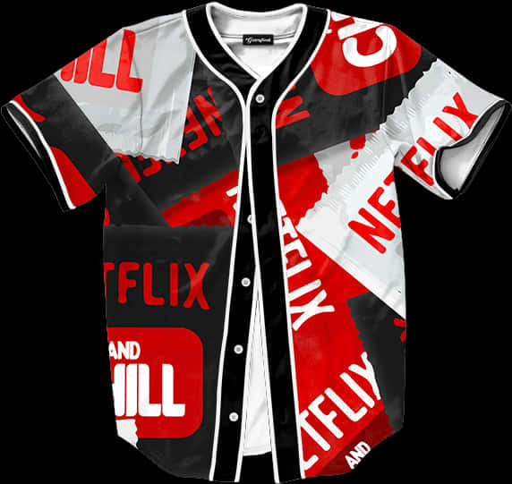 Netflix and Chill 棒球衫 壁紙 — 一件棒球衫，上面佈滿了紅色、白色和黑色的Netflix標誌碎片，背景為黑色。