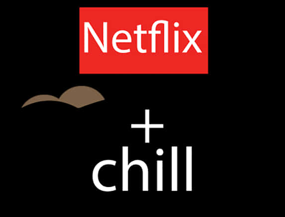 Netflix and Chill 圖形 壁紙 — 黑色背景上，紅色盒子內的Netflix標誌，加上plus chill文字和棕色雲朵。