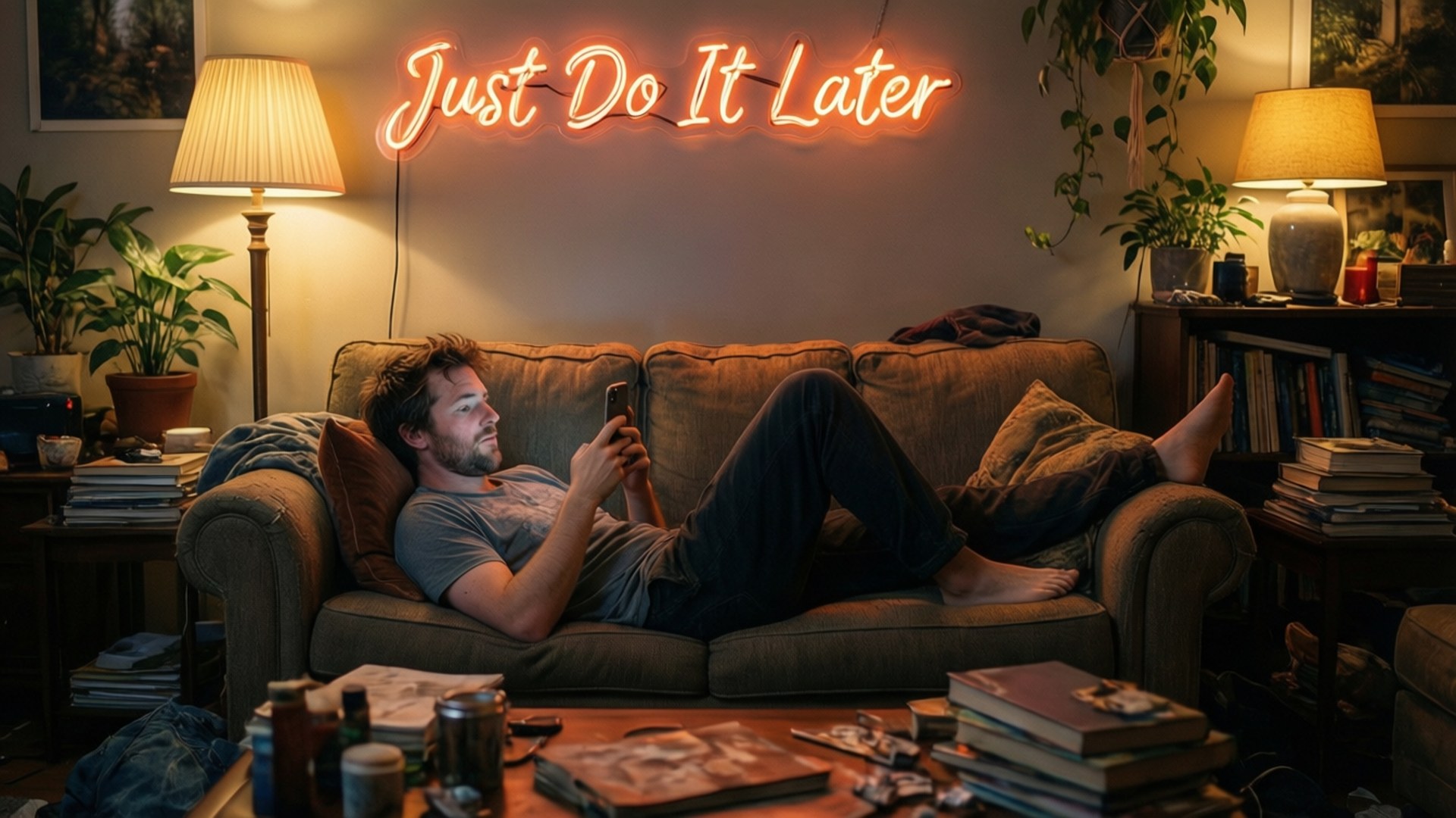 男人躺在沙發上，頭頂是寫著 Just Do It Later 的霓虹燈牌，周圍有書本和植物。