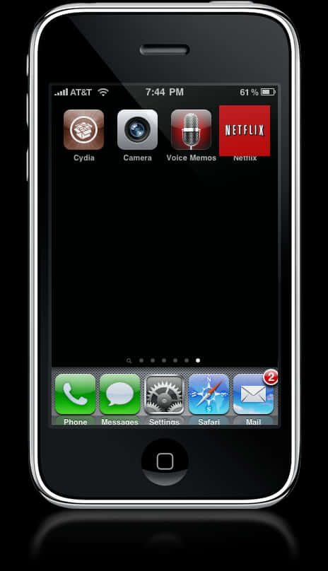 Netflix Apponi iPhone經典版 壁紙 — 一部黑色iPhone 3GS配銀色邊框，在深色背景上顯示包含Cydia、相機、語音備忘錄、Netflix和標準iOS應用程式的主屏幕。